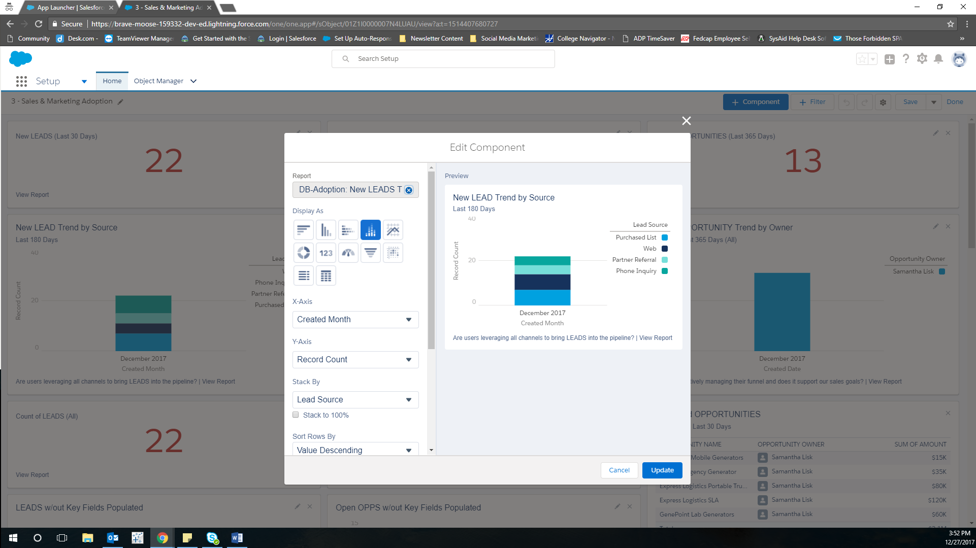 Screenshot of Dashboard Component in Question