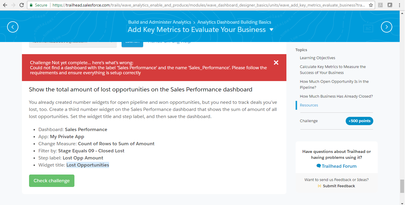 Still the Check Challenge fails, saying it is unable to find the Sales Dashboard