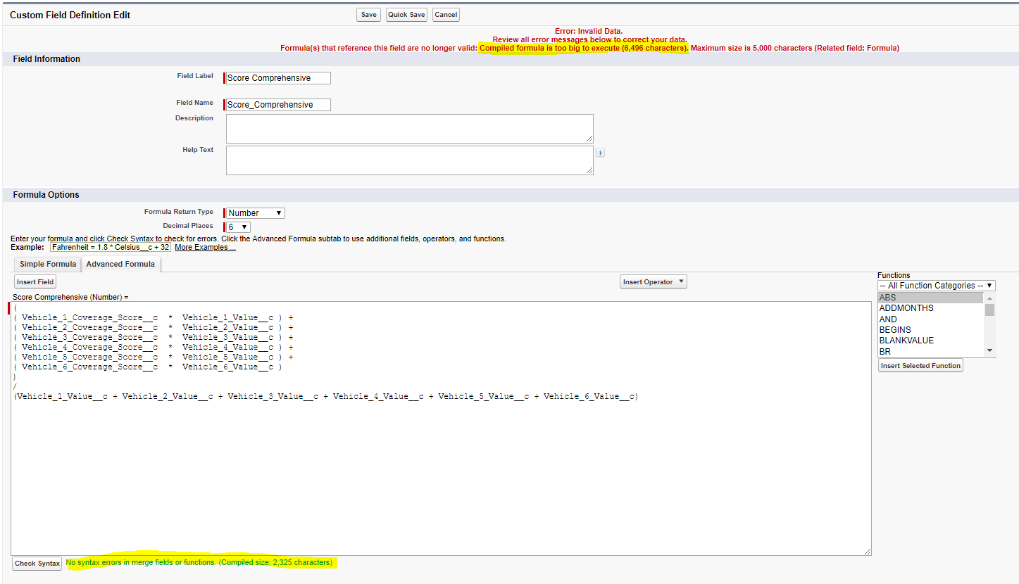 One formula with two different compiled sizes