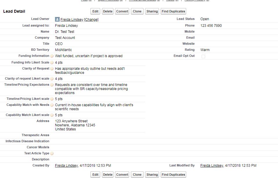 Screen shot of lead page