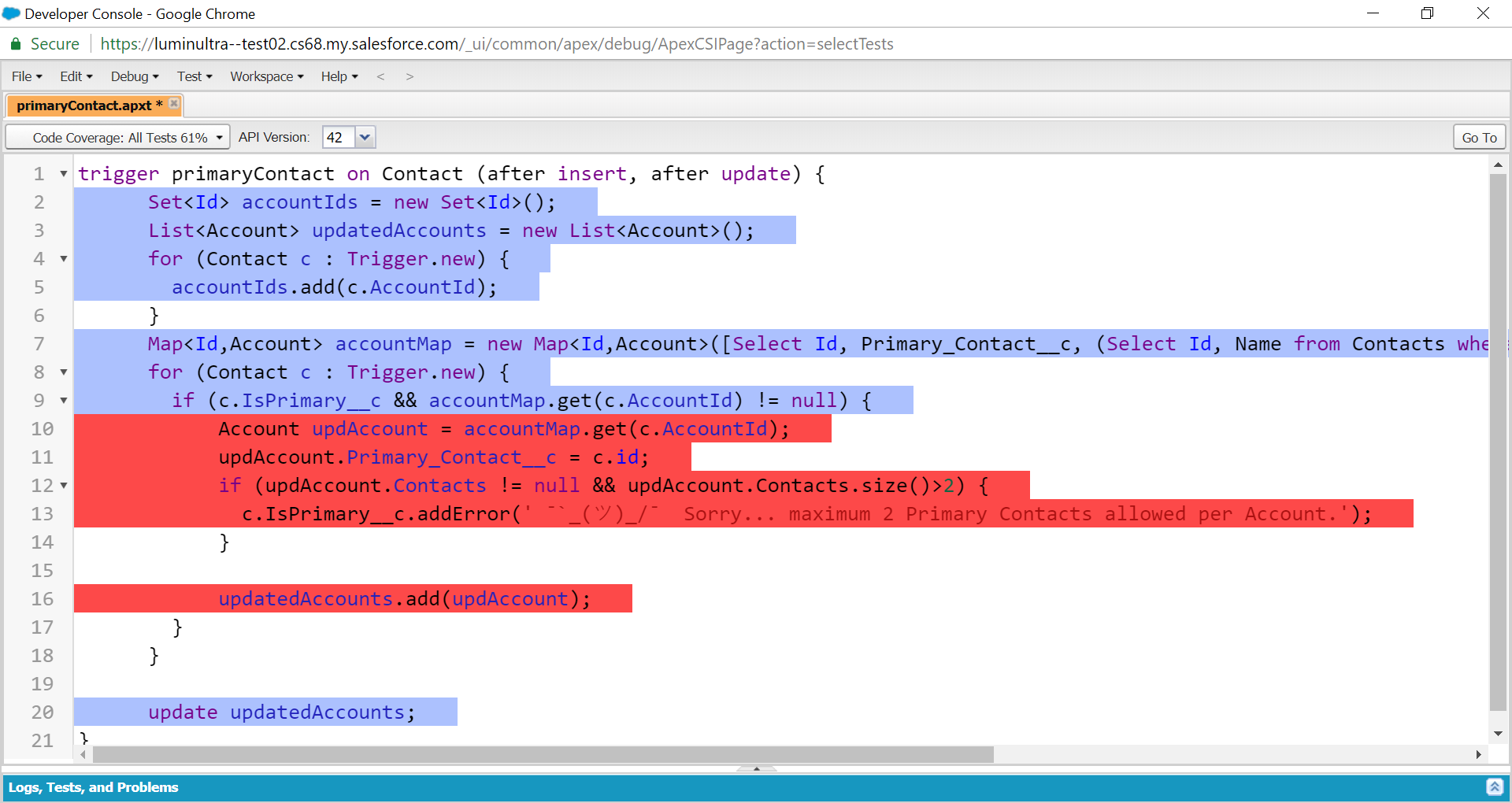 color-coded error area in Developer Console