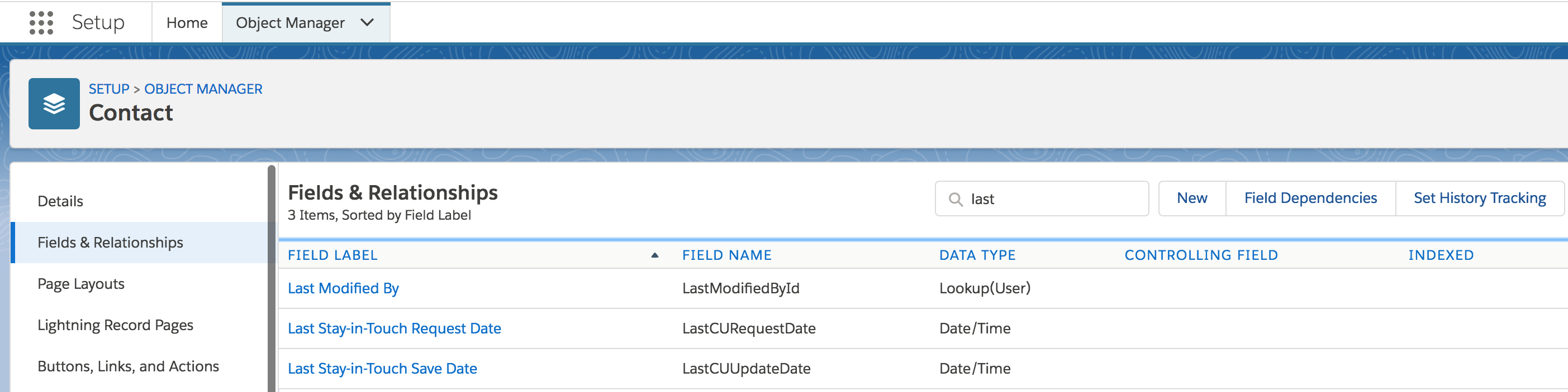 Screenshot of Field Names for the Contact Object - no LastName listed
