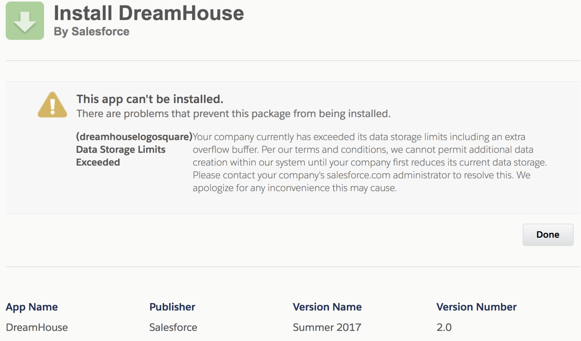 Screenshot for DreamHouseFail Error Message