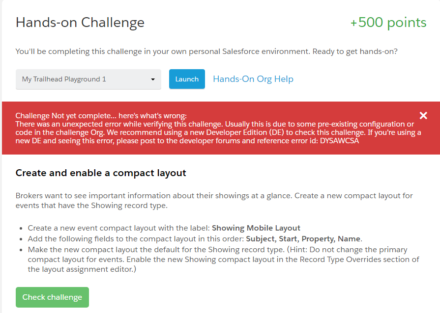 Create and enable a compact layout - error ID:  DYSAWCSA