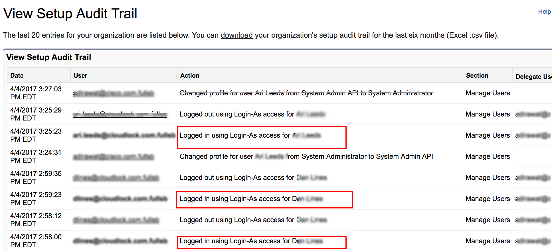 Setup Audit Trail page with Login As events