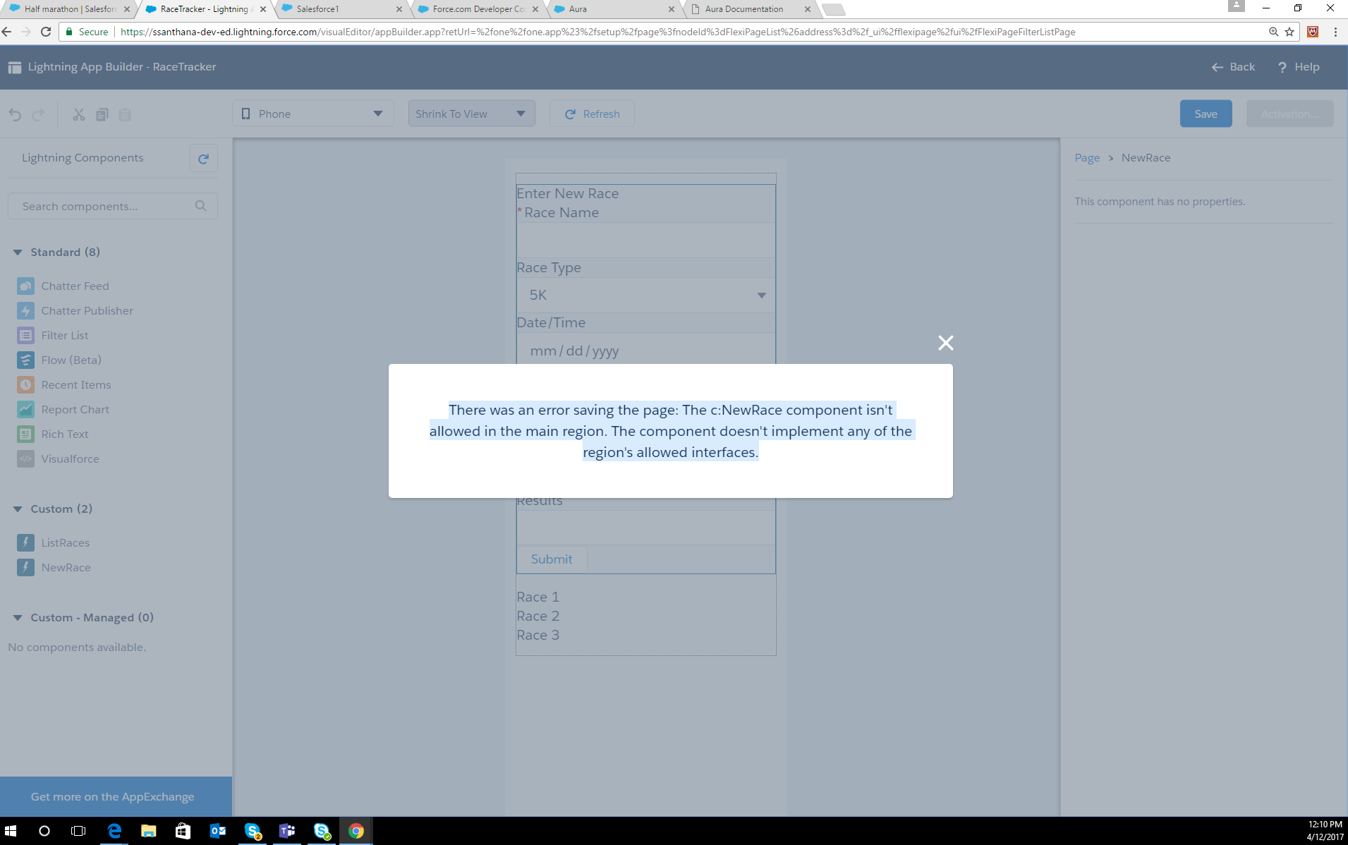 error saving creating a lightning app page.i have inculded implements=force:appHostable,flexipage:availableForAllPageTypes in aura component