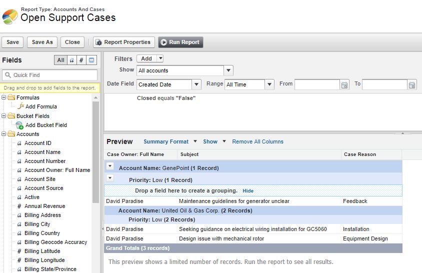 Open Support Cases Report Screenshot