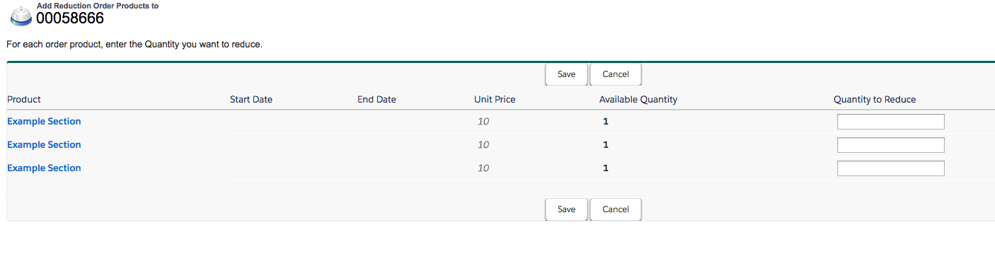 Screenshot of a Product List for Reduction Orders