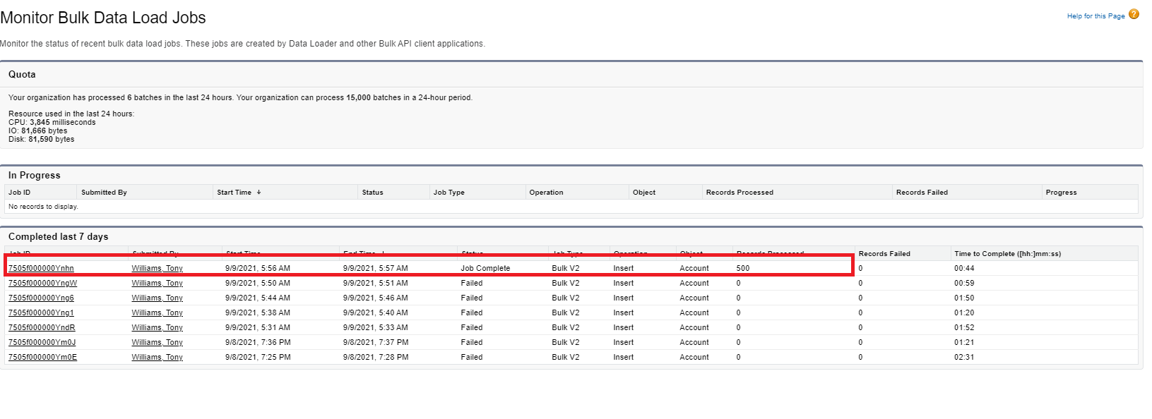 Trail head uploaded 500 records