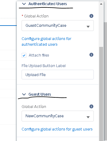 Global actions assigned to guest and internal users