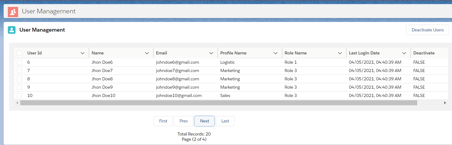 Page 2 other any other pages checkboxes are not selected. (selected-rows= {preSelectedRows})