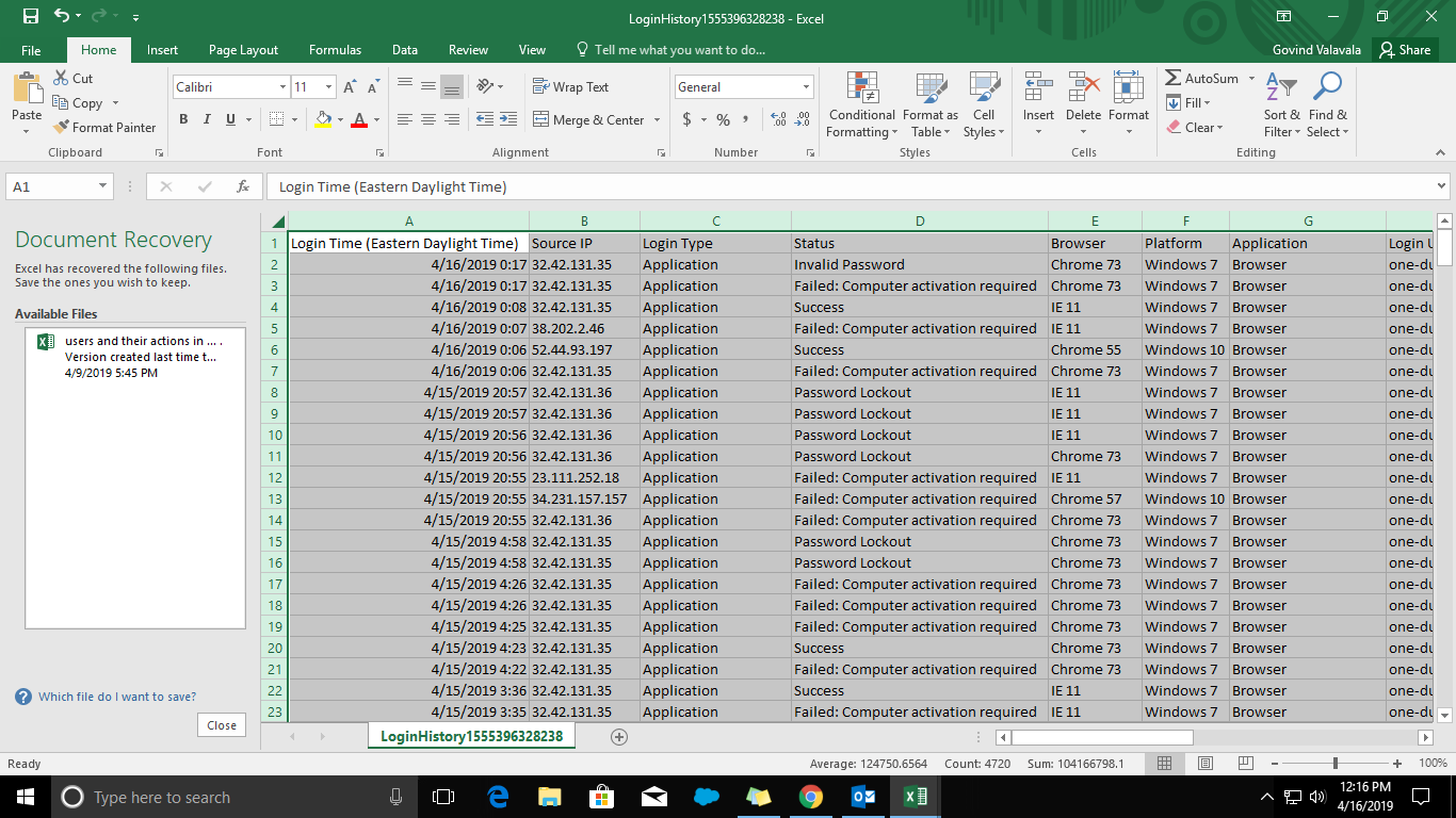 Please find the screenshot for login history of the user