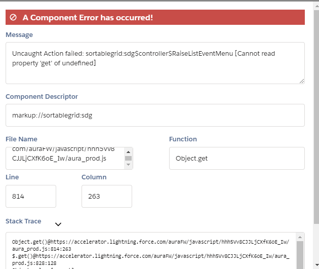Screenshot of lightning component error message on SDG list action failure