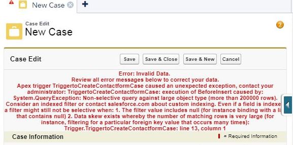 Error Message when creating a new case