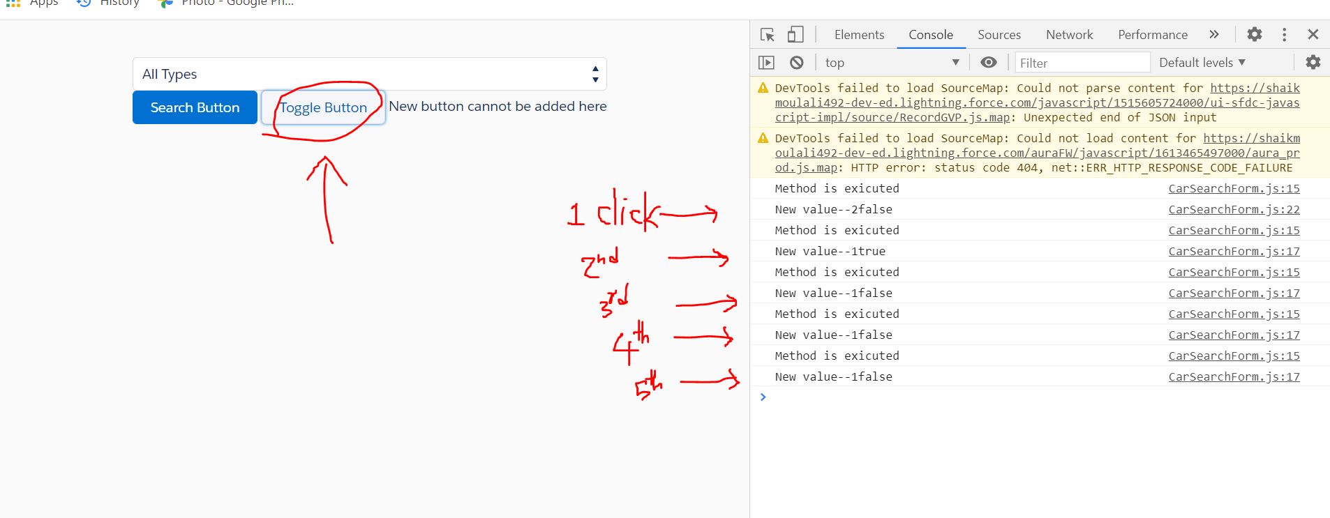 O/P of Toggle button aftr clicking 5 times