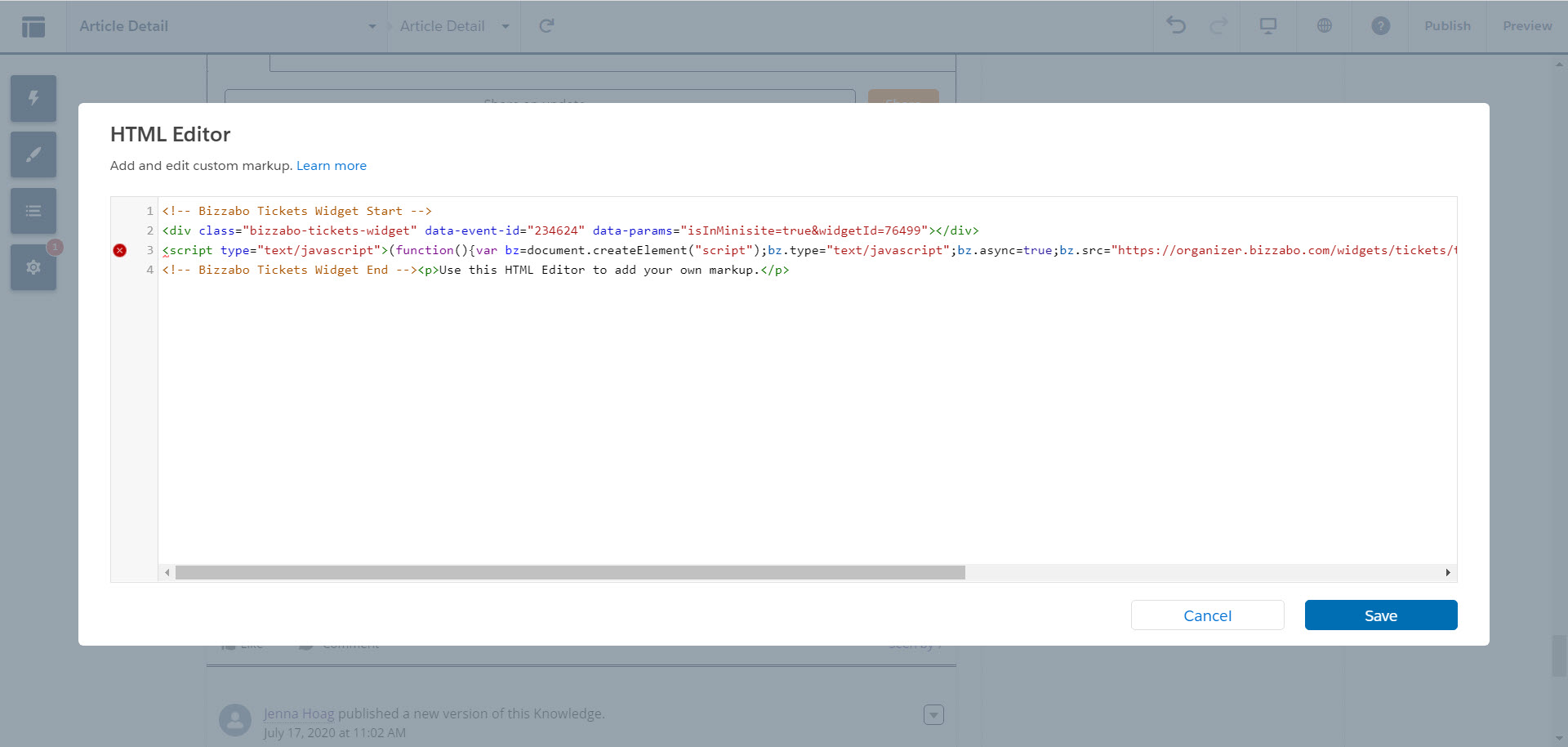 code line with script is flagged with red X