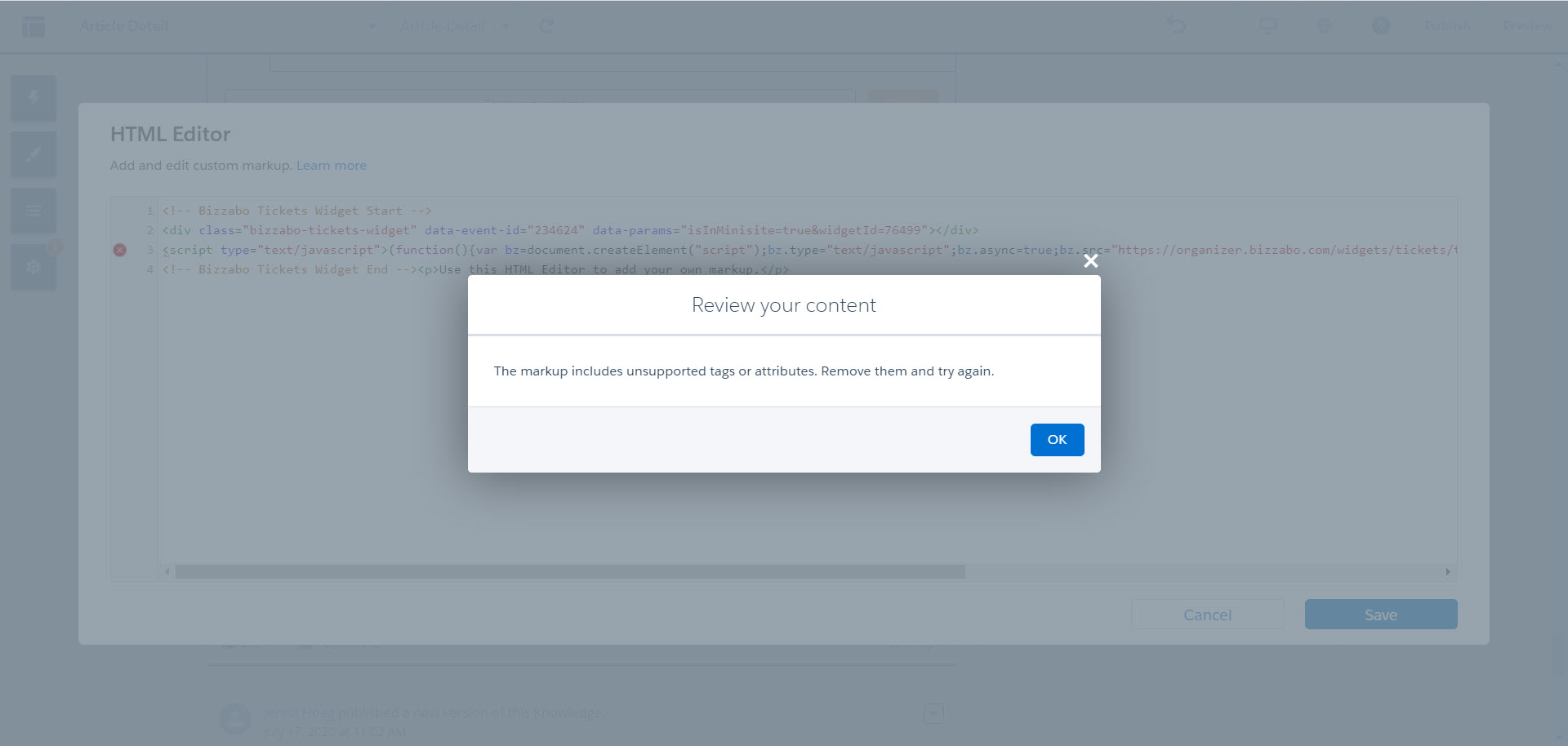 Review your content. The markup includes unsupported tags or attributes. Remove them and try again.