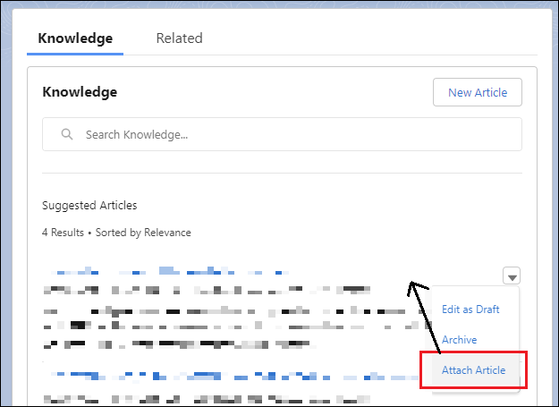 The Knowledge component is shown with the dropdown expanded and the Attach Article button highlighted with an arrow pointing to the desired location.