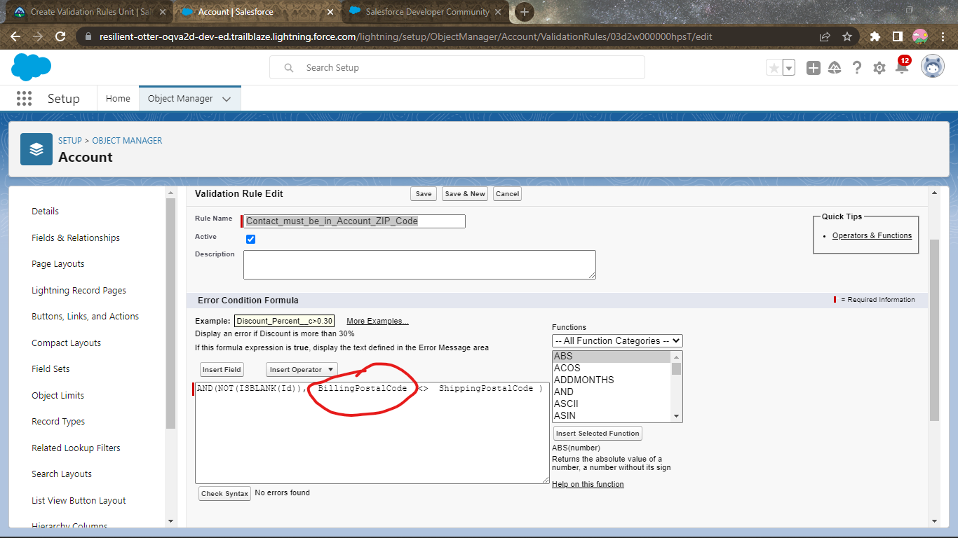 I couldnt find the miling zip/postalcode from account object ->insert