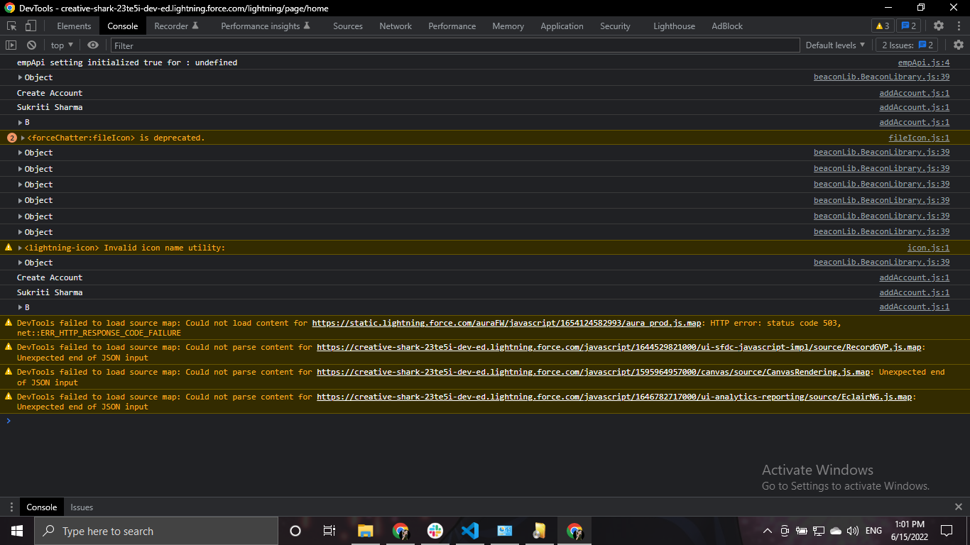 The warnings in console