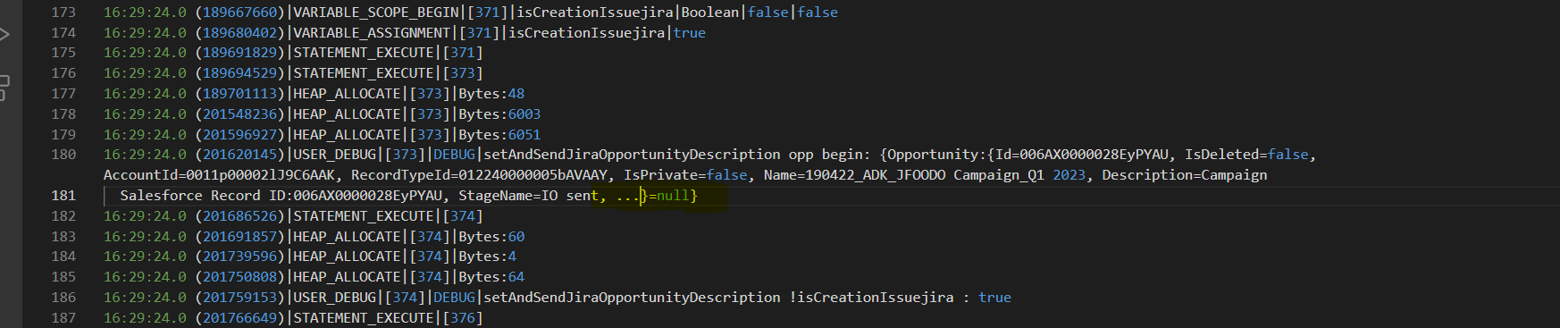 Logs of the map just after assignement - values are lost