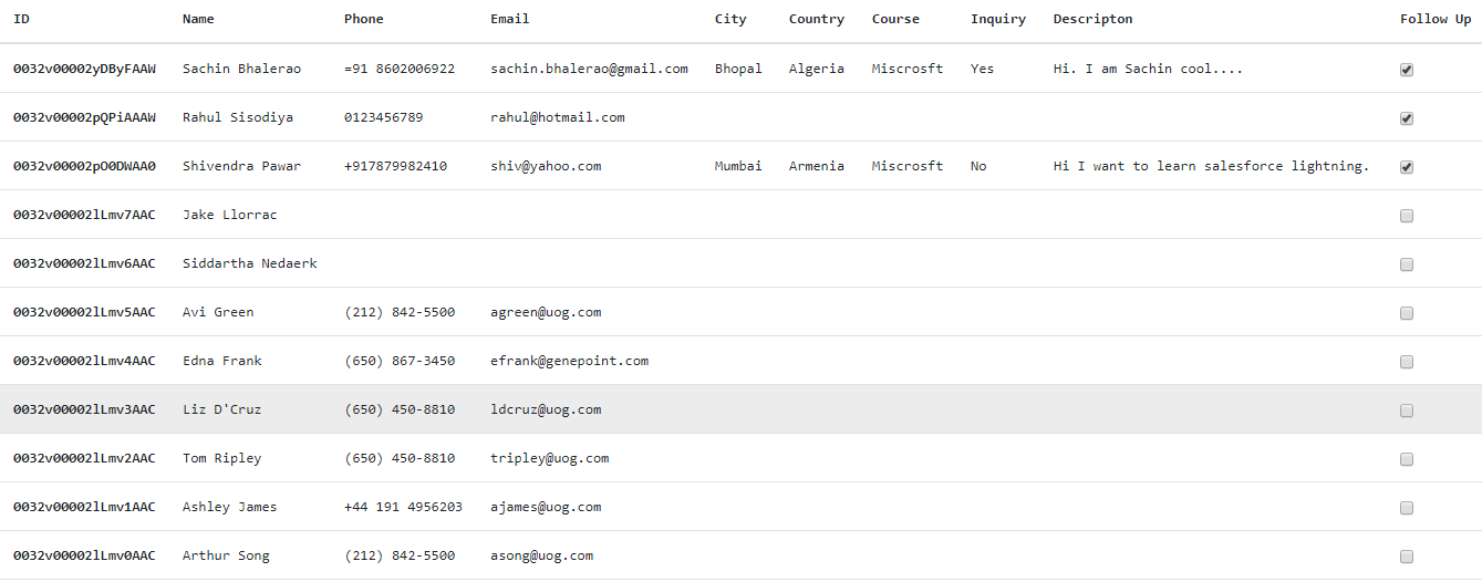 Table Showing records from  salesforce