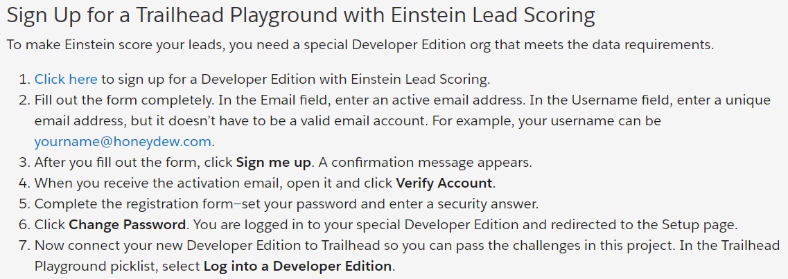 Instructions to sign up for a Developer Edition with Einstein Lead Scoring