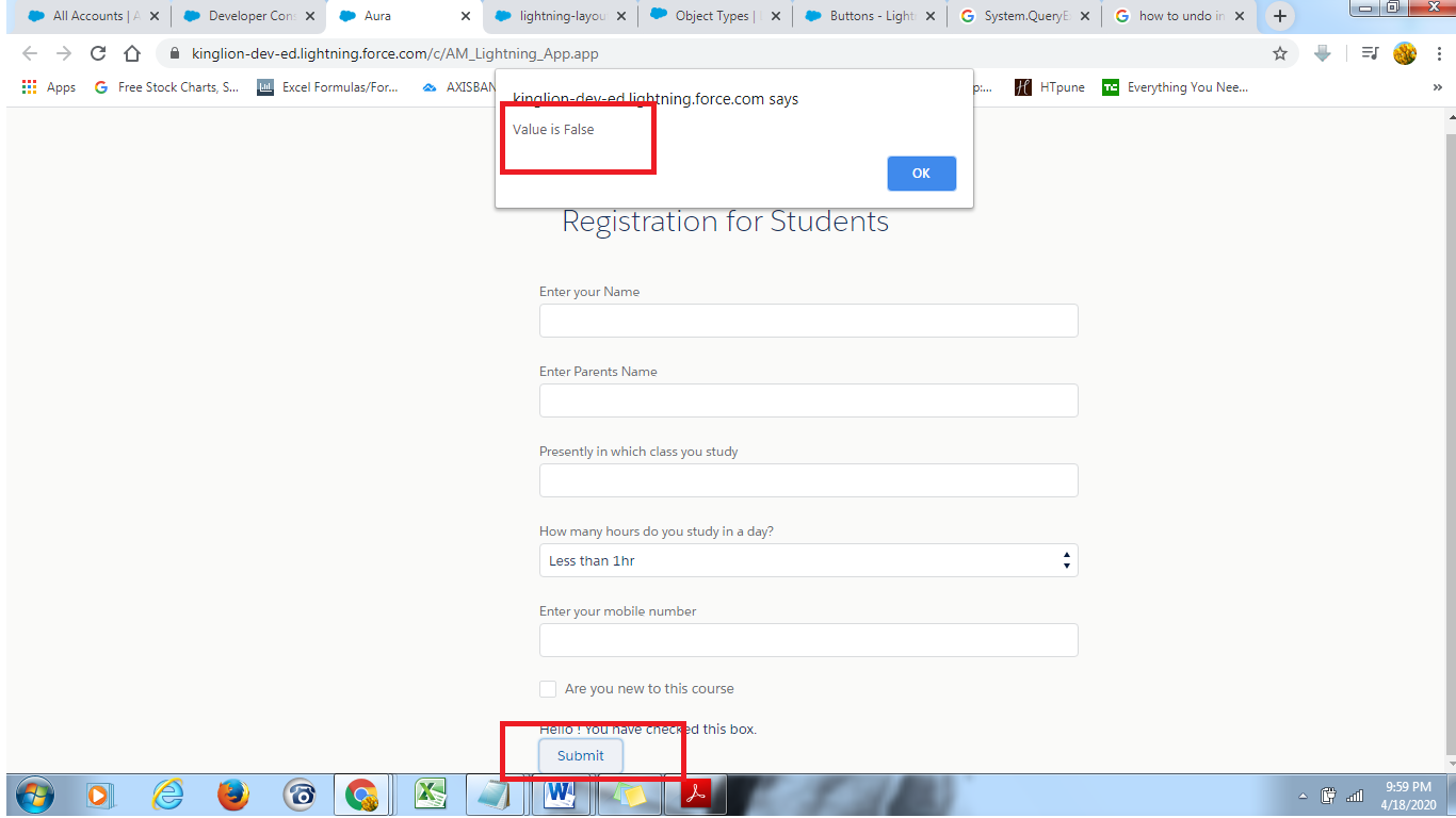On click of button "Submit" pop value should change to false to true to false accordingly