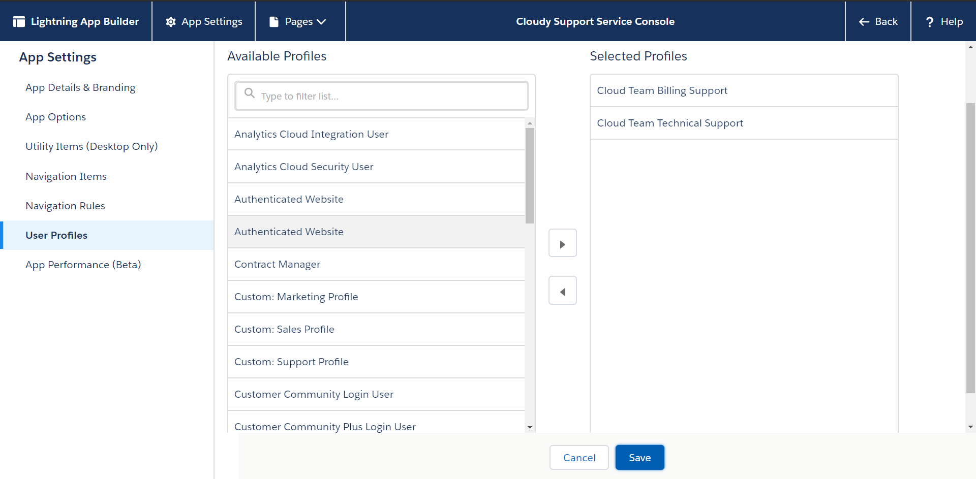 App Builder Screen where I was trying to add the two profiles to the app.