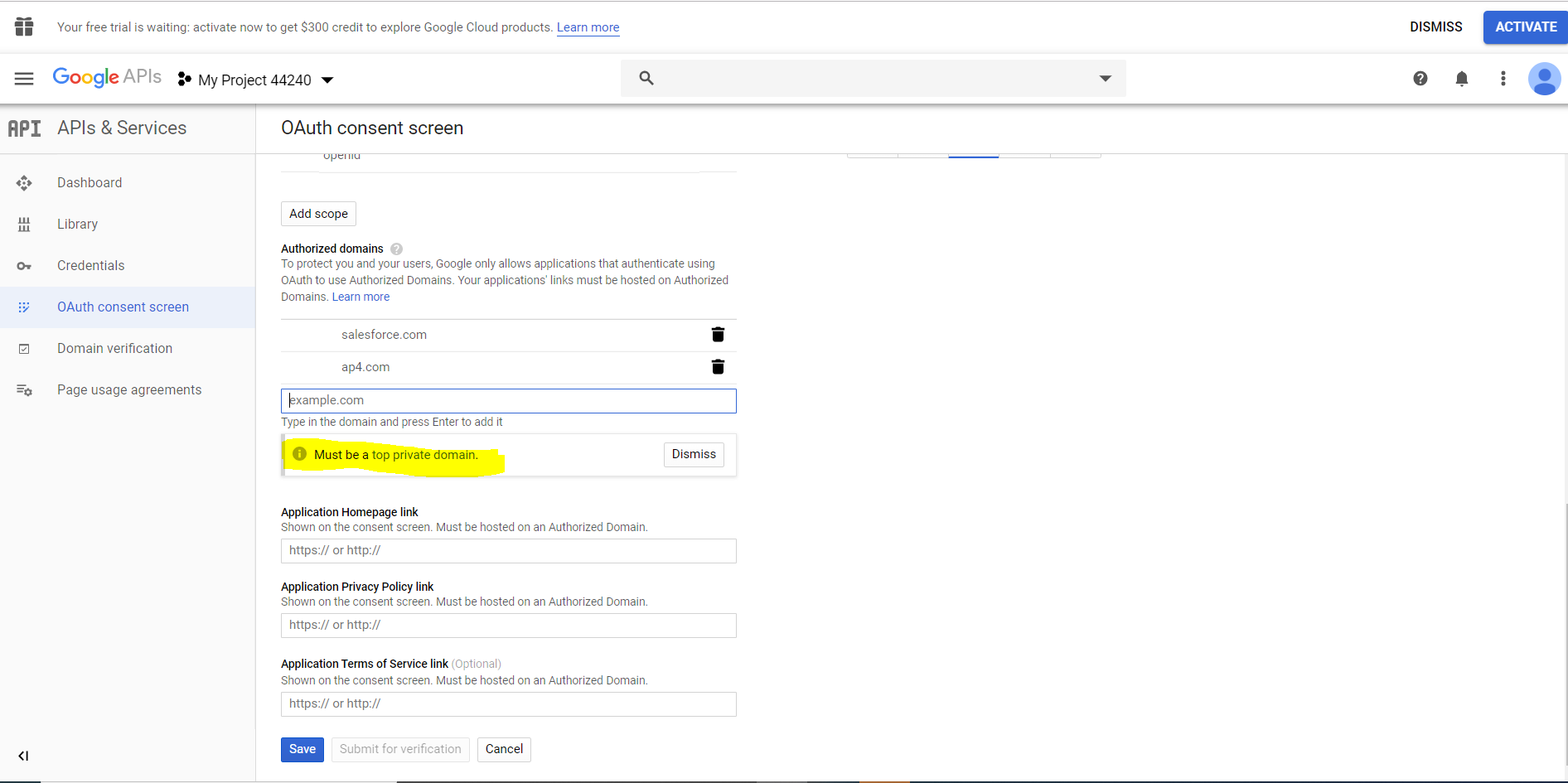 When i copy my custom domain and hit enter showing popup "must be a top level domain"