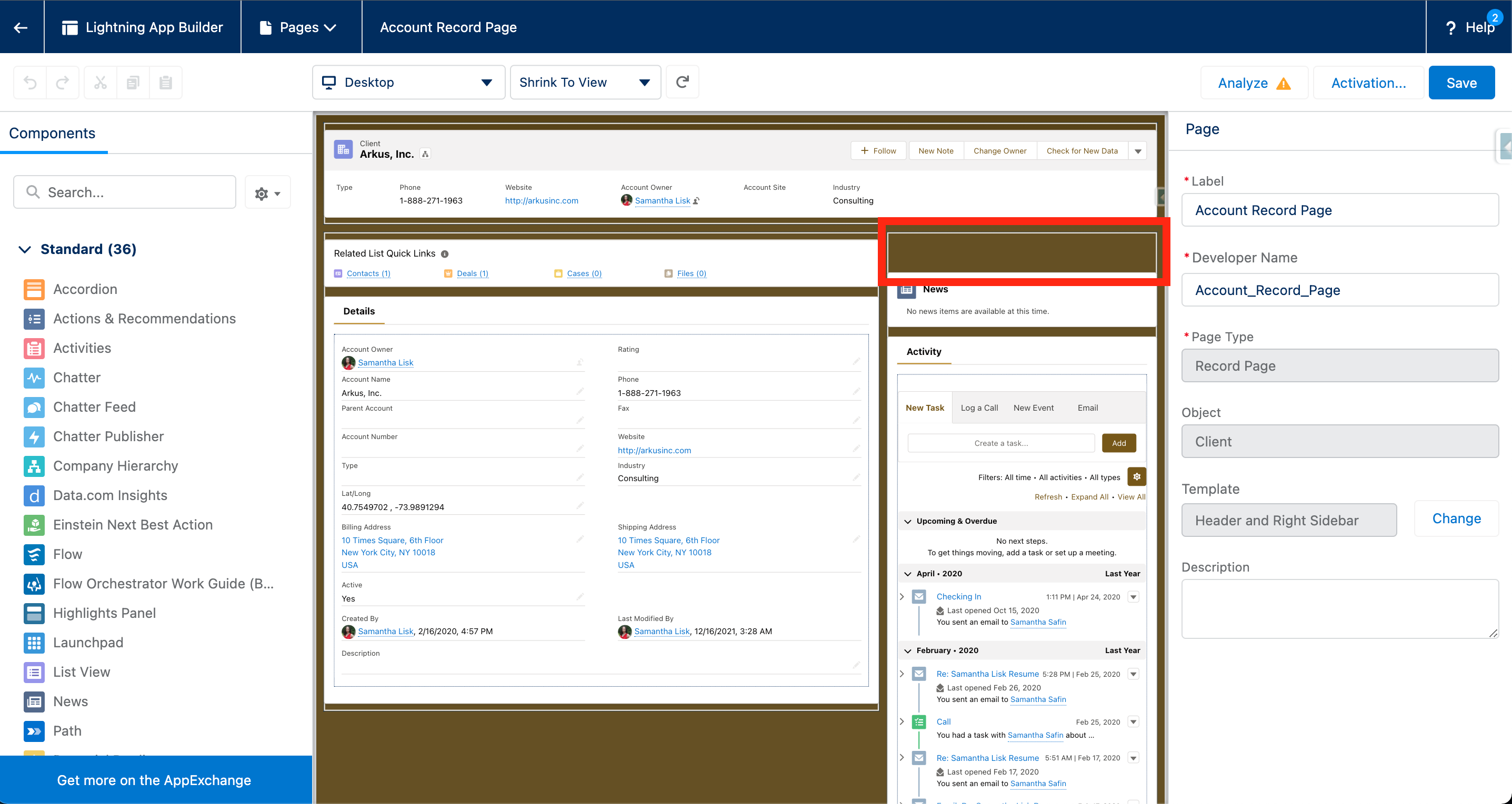 Record page in Lightning App Builder with outline appearing where component should appear