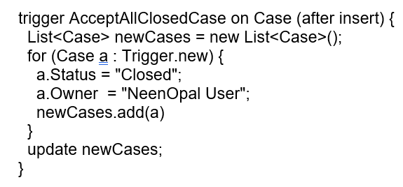 Find all issues in the trigger given below that auto-accepts all closed cases, and fix it.