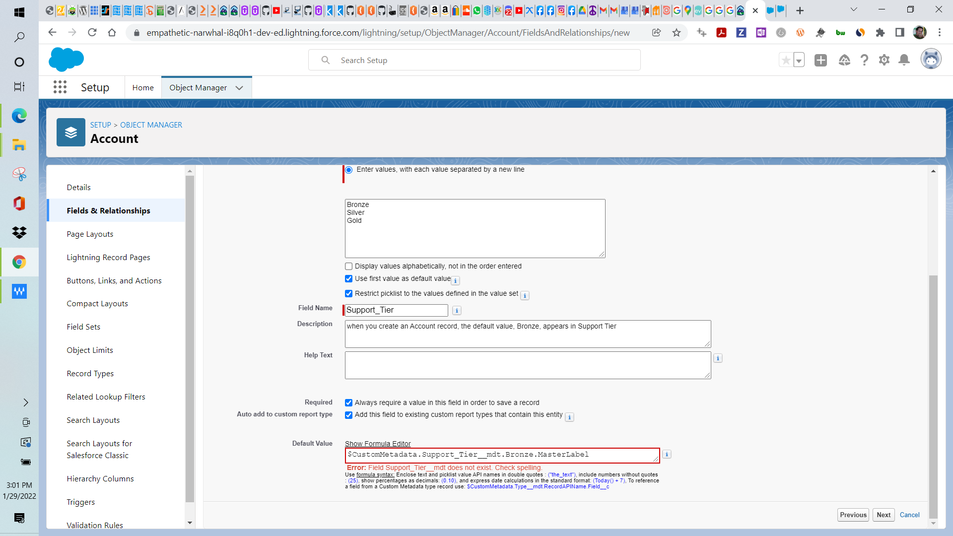 ERROR:  Bronze.MasterLabel Error: Field Support_Tier__mdt does not exist.   Show Formula Editor $CustomMetadata.Support_Tier__mdt.   Check spelling.