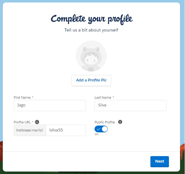 Trailhead new account creation page