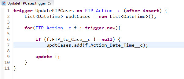 My coding for an Apex Trigger...so far.  I've declared the List, what I want to initiate the Trigger, and the Update command.