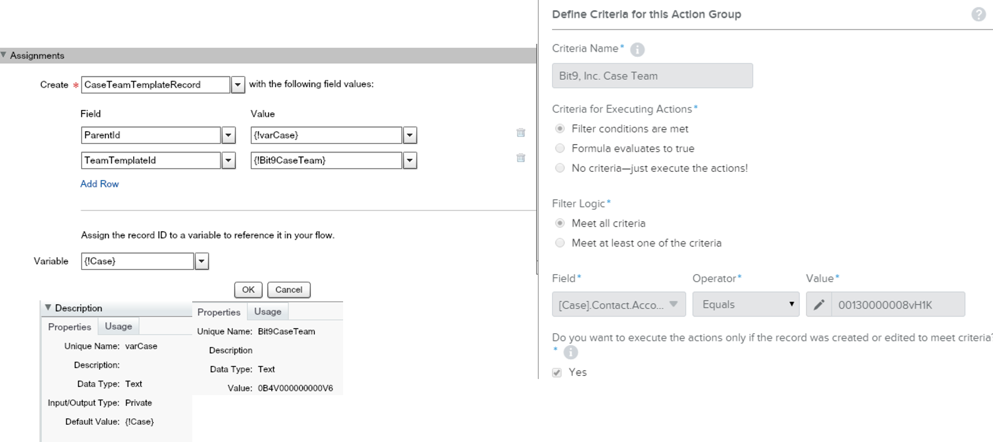 Screenshots of elements in flow and process builder crieria