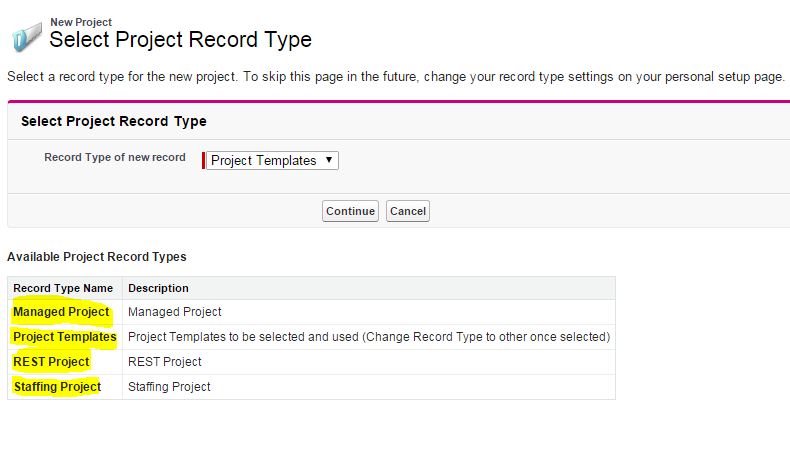 Available record types for Project Object