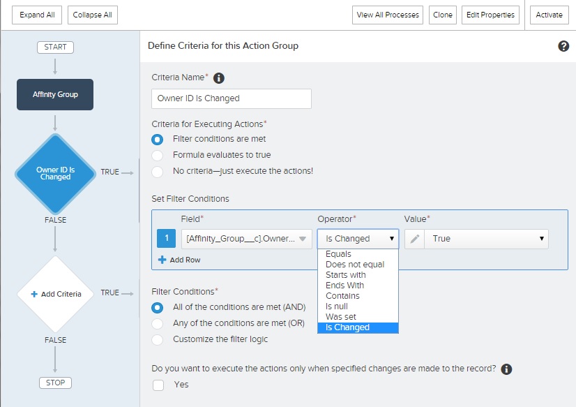 Process Builder filter options are limited but include ISCHANGED()