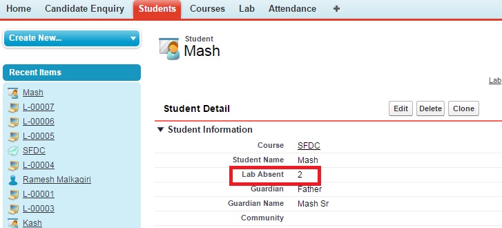 Student Object is the Master Object of Lab Object