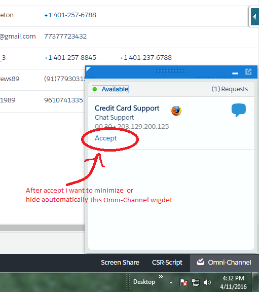 This image showing Omni-Channel Wigdet. I just want to hide or minimize this after agent pressing accept in this widget.