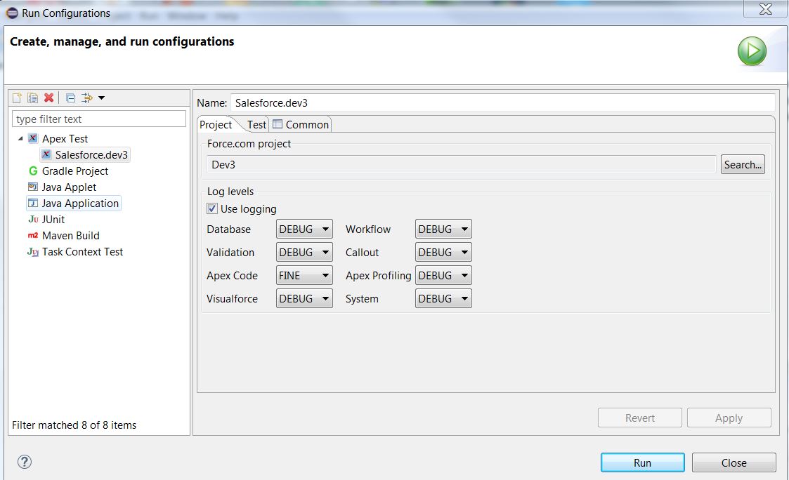 Run Configuration Log levels- enabled