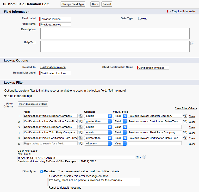 Previous Invoice lookup filters