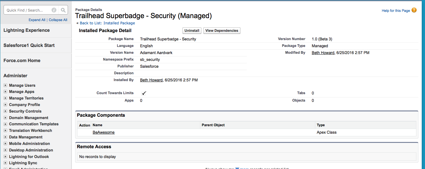 screenshot - security specialist superbadge package, list of components
