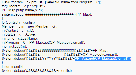 Program where am getting null in the PP_Map.get(CP_Map.get(c.email)))