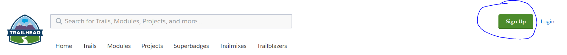 Next to login in the header of trailhead