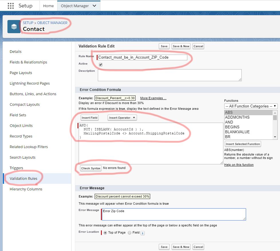 Create a validation rule to check that a contact is in the zip code of its account.