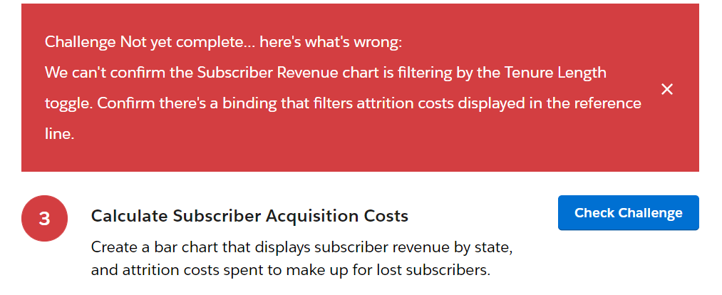 Challenge Not yet complete... here's what's wrong: We can't confirm the Subscriber Revenue chart is filtering by the Tenure Length toggle. Confirm there's a binding that filters attrition costs displayed in the reference line.
