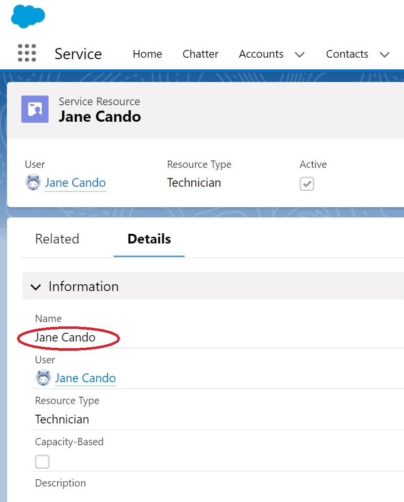 Jane Cando in the name field
