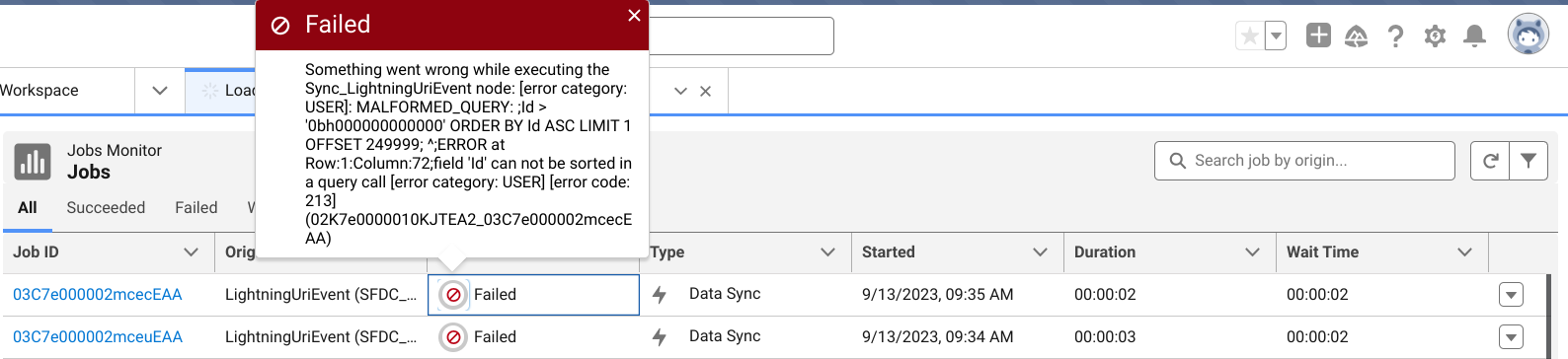 LightningURIEvent error message