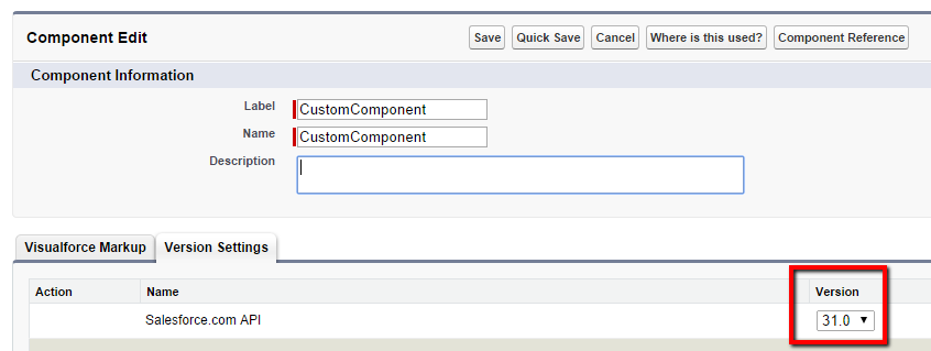 Visualforce component API version setting in the Setup menu